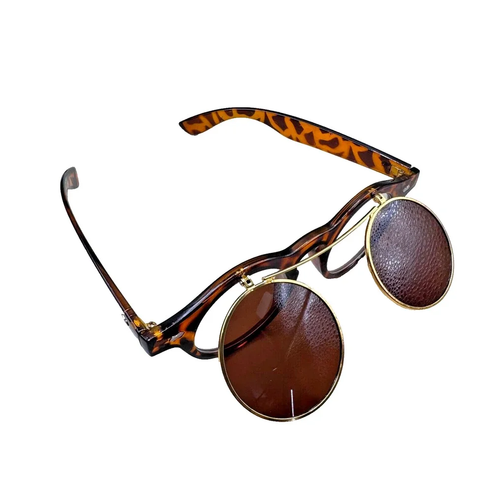 Music Festival Fashion Sunglasses Round Lenses Flip-Up Unisex - Tortoise